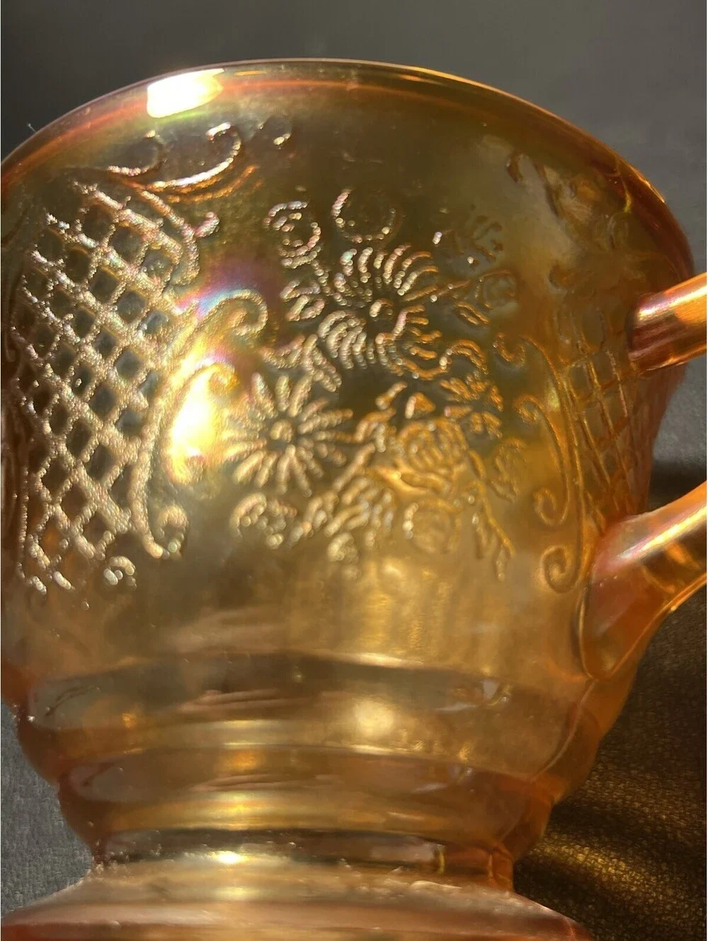 Federal 1930 Cream Sugar Sherbet Set Normandie Bouquet Lattice Marigold Carnival